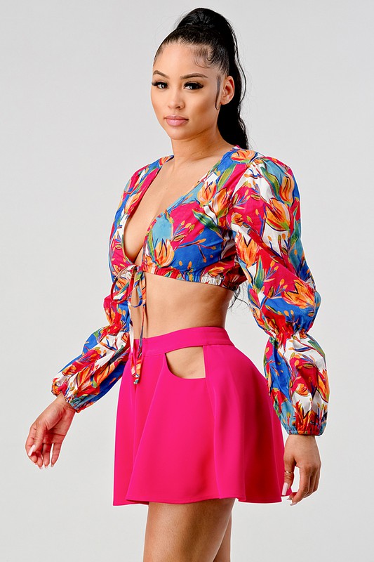 Athina crop printed top and cutout pants set