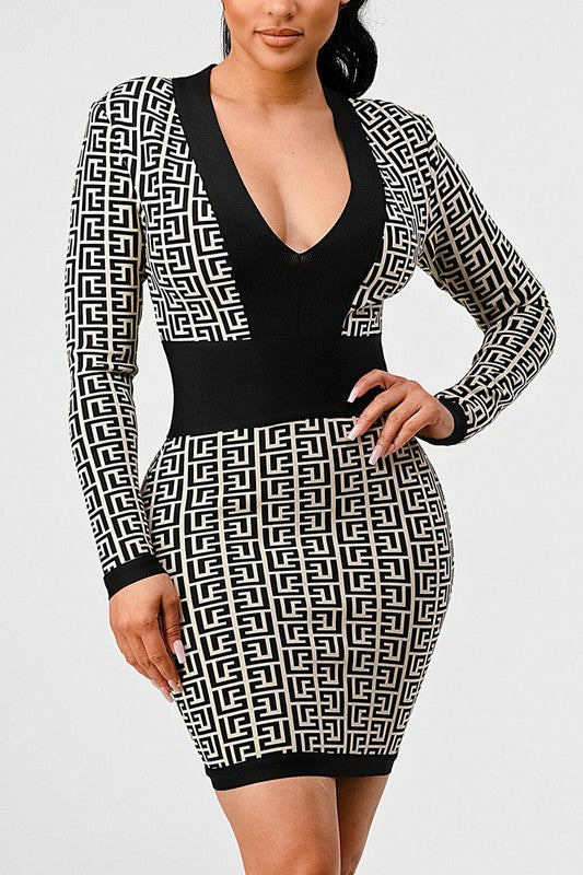 ATHINA BLACK AND WHITE PRINT BANDAGE DRESS