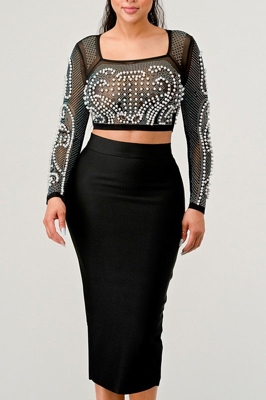 Sexy Mesh Beaded Two Piece Midi Skirt Set