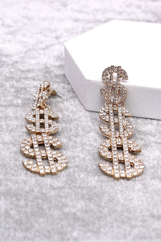 RHINESTONE MONEY SIGN DROP EARRINGS