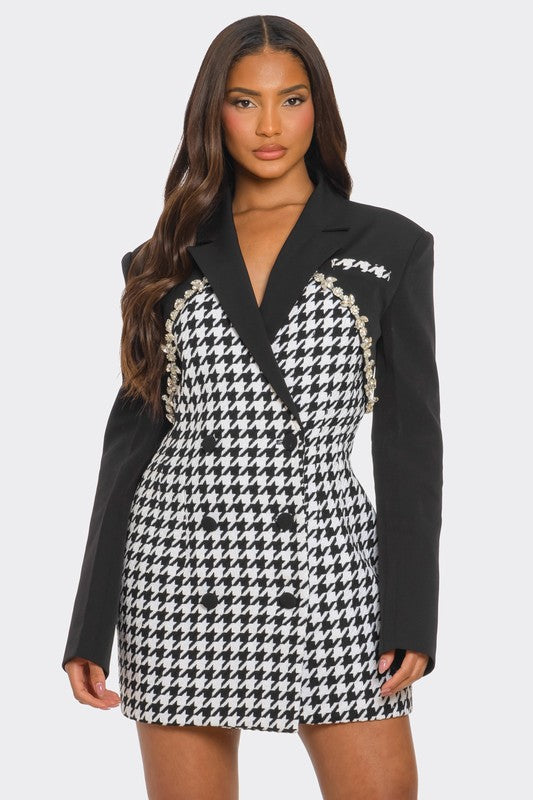 Monochrome Glam Houndstooth Blazer Dress