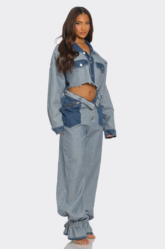 Cropped Contrast Denim Set