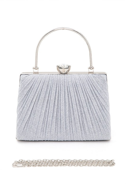 Diamond Clasp Top Handle Pleated Box Clutch