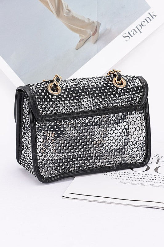 Rhinestone Mesh Turn Lock Iconic Shoulder Bag