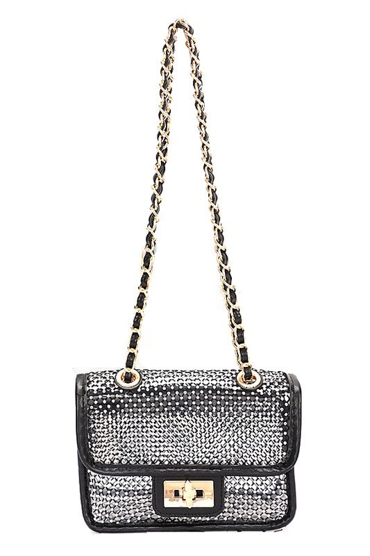 Rhinestone Mesh Turn Lock Iconic Shoulder Bag