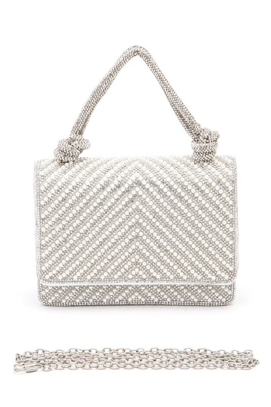 Pearl Studs Rhinestone Handle Clutch Bag