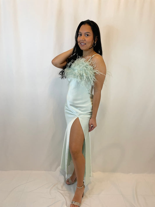 Mint Feather High Slit Satin Maxi Dress