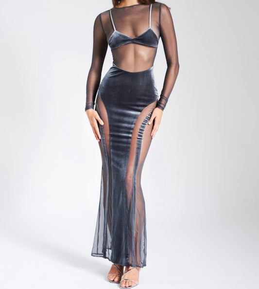 Grey Velvet Mesh Maxi Dress