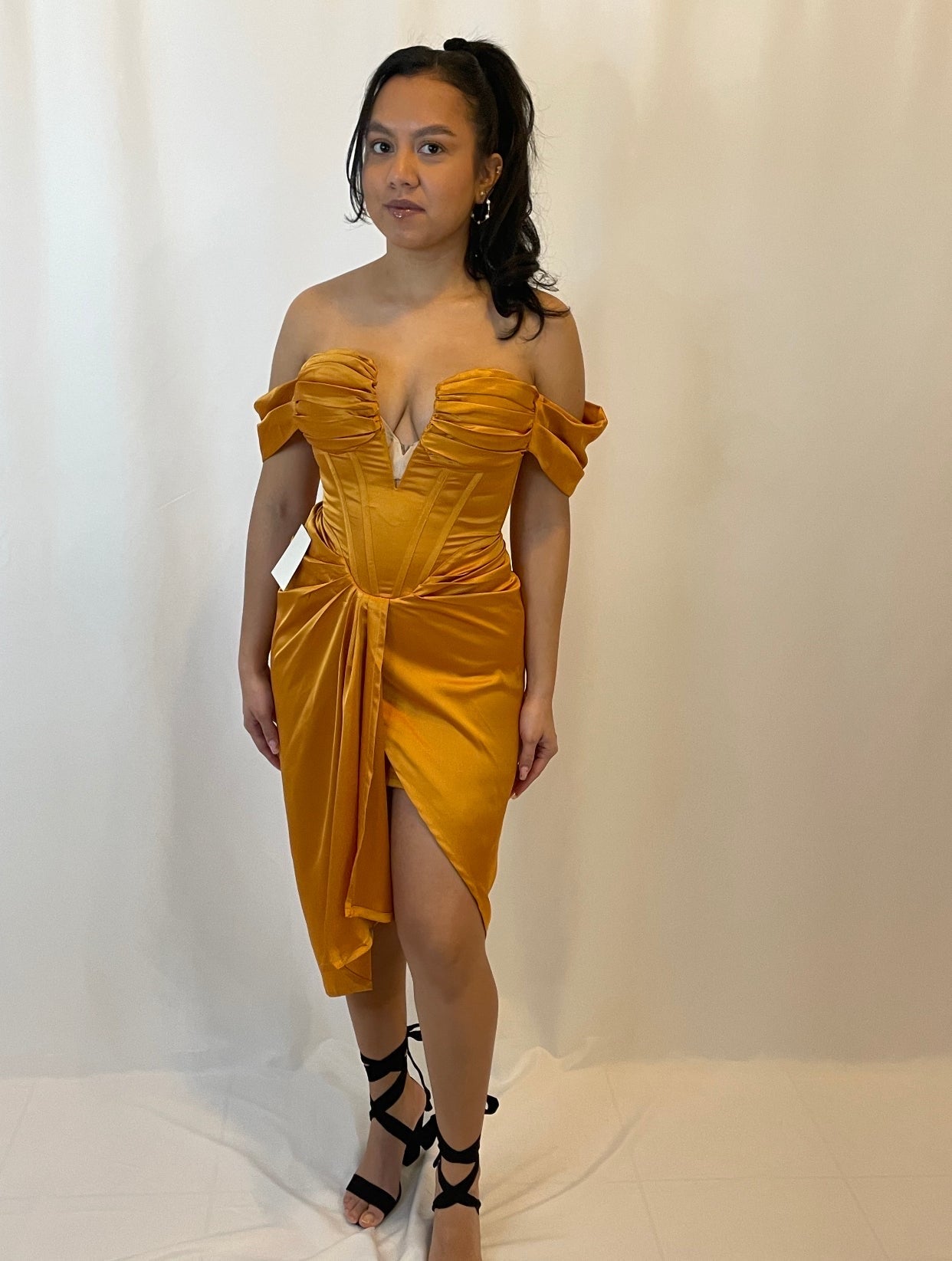 Gold Off Shoulder Satin Corset Dress