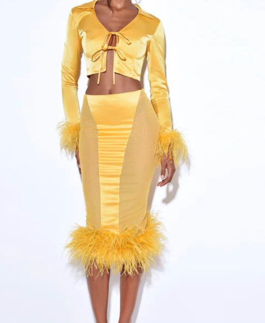 Ellie Yellow Feather Trim Satin Set