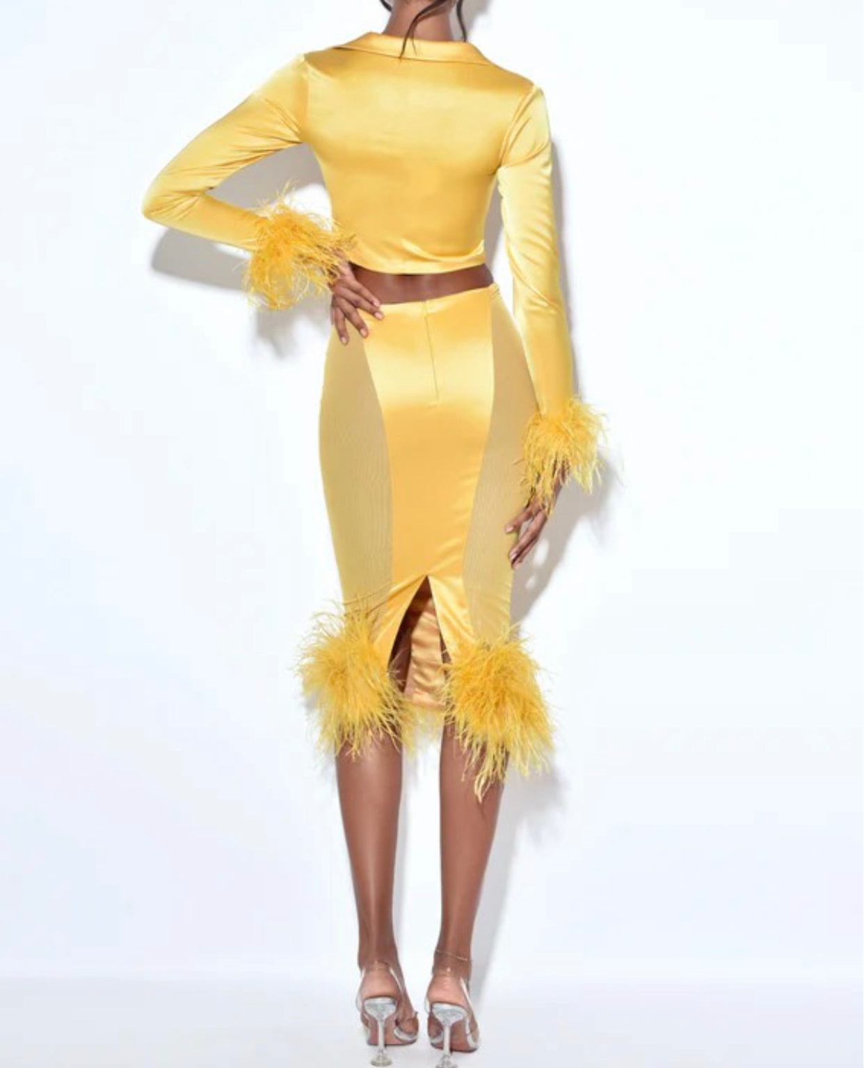 Ellie Yellow Feather Trim Satin Set