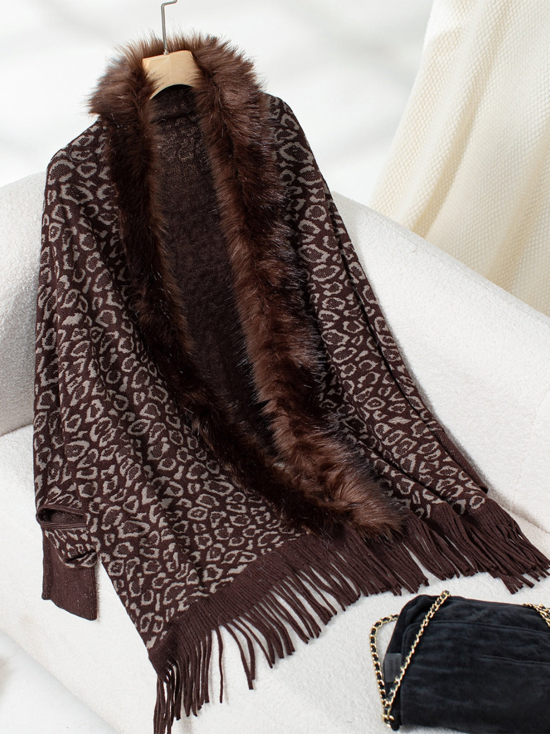 Fringe Leopard Open Front Long Sleeve Poncho