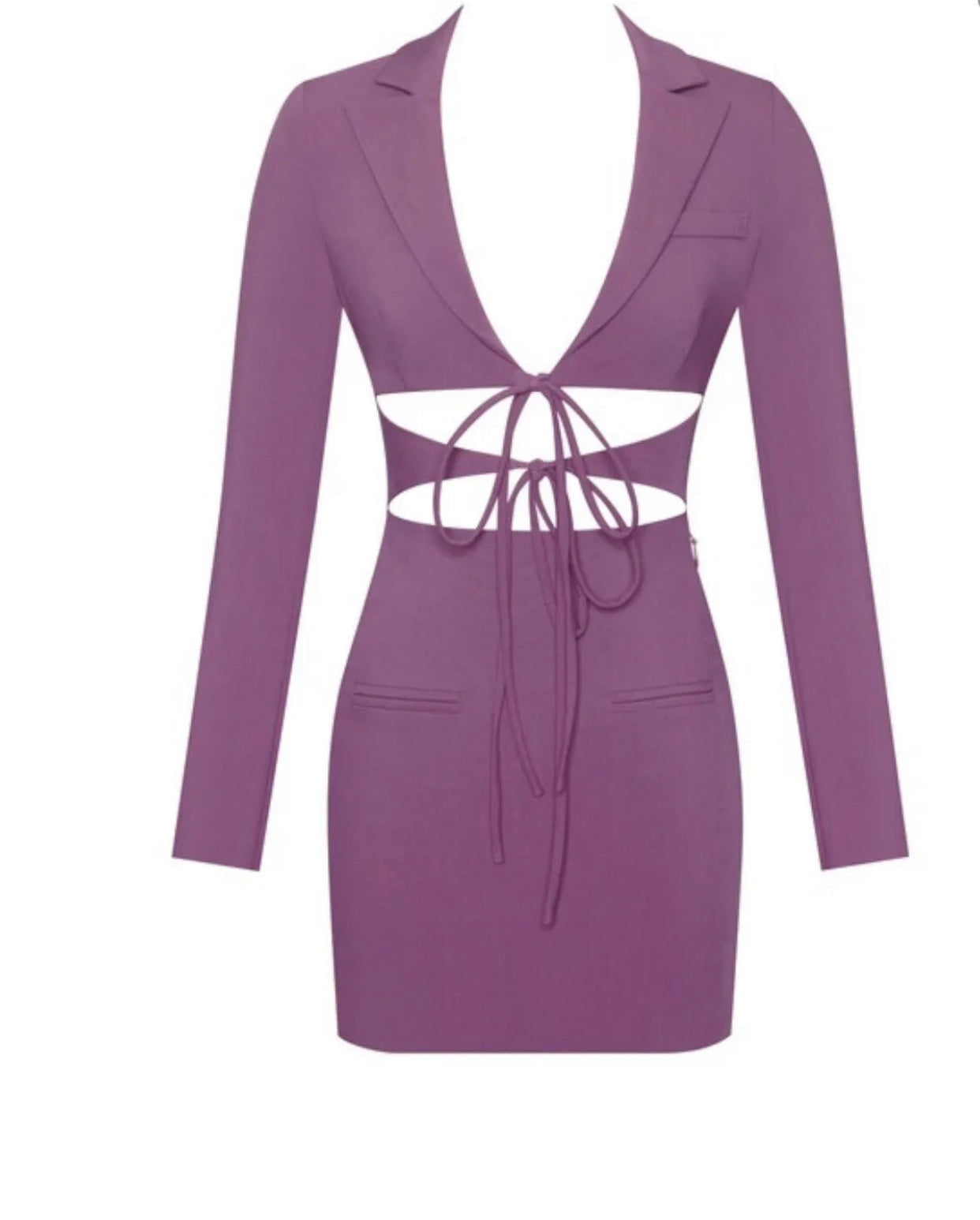 Purple Lace Up Cutout Long Sleeve Dress