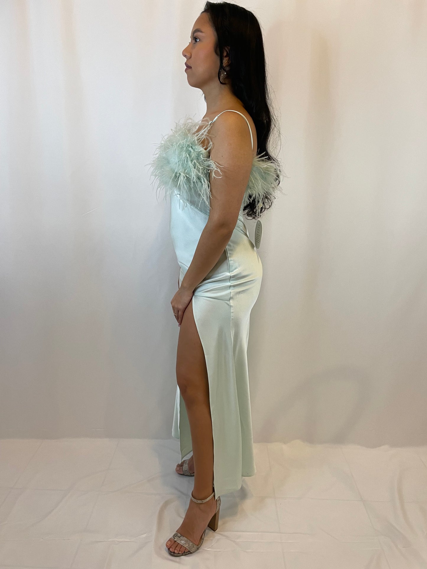 Mint Feather High Slit Satin Maxi Dress