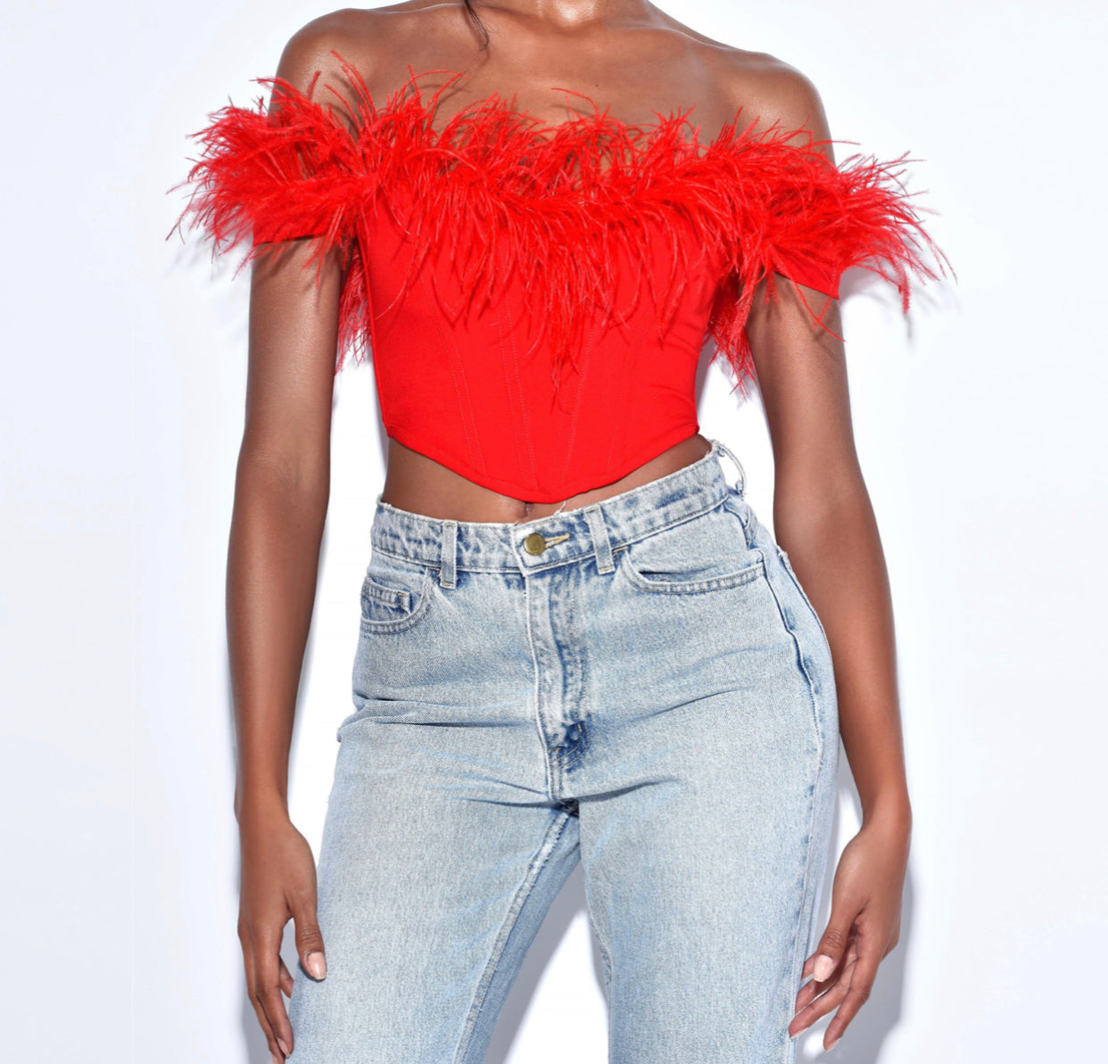 Red Feather Trim Corset Top