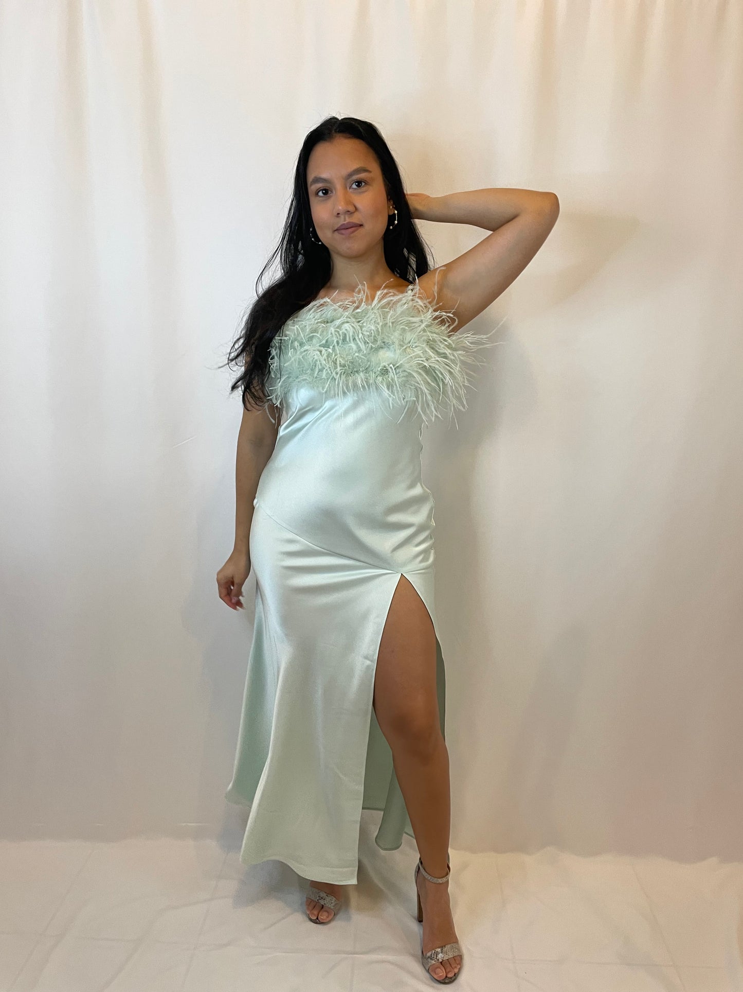 Mint Feather High Slit Satin Maxi Dress