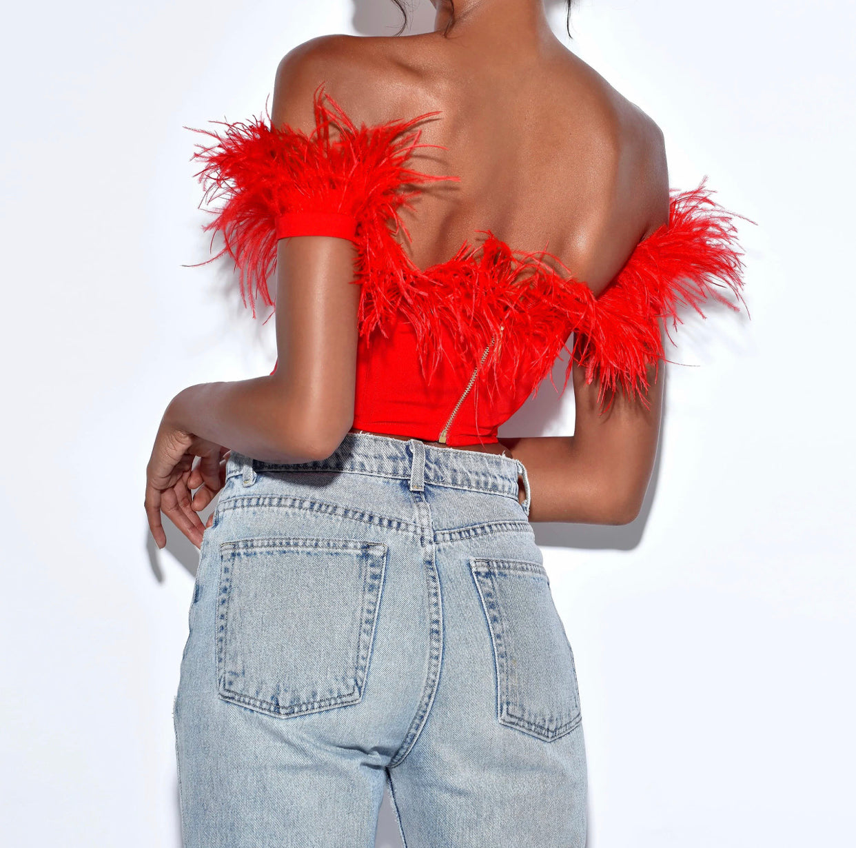 Red Feather Trim Corset Top