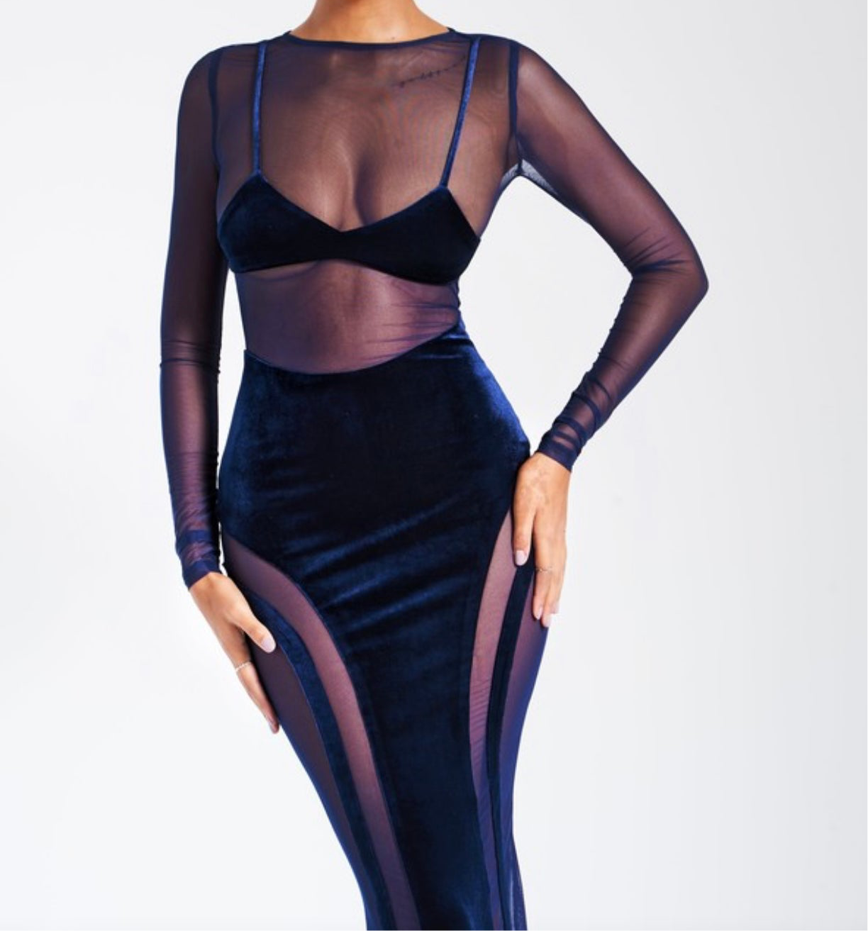 Navy Velvet Mesh Maxi Dress