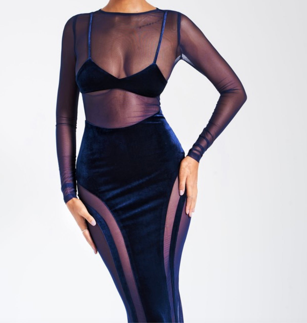 Navy Velvet Mesh Maxi Dress