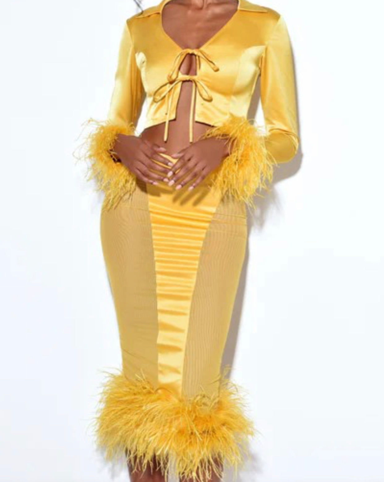 Ellie Yellow Feather Trim Satin Set