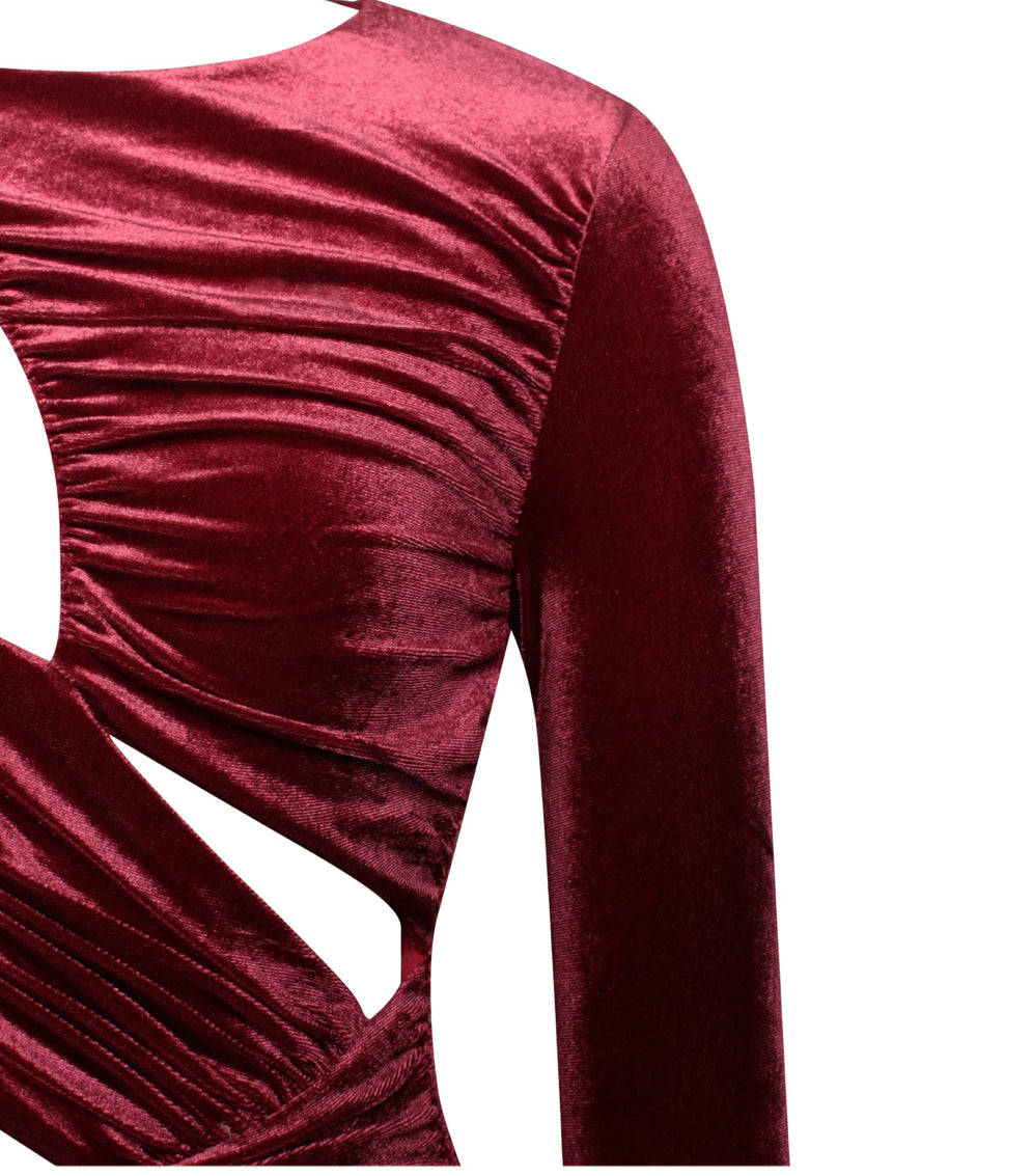 Burgundy Velvet Cutout Long Sleeve Dress