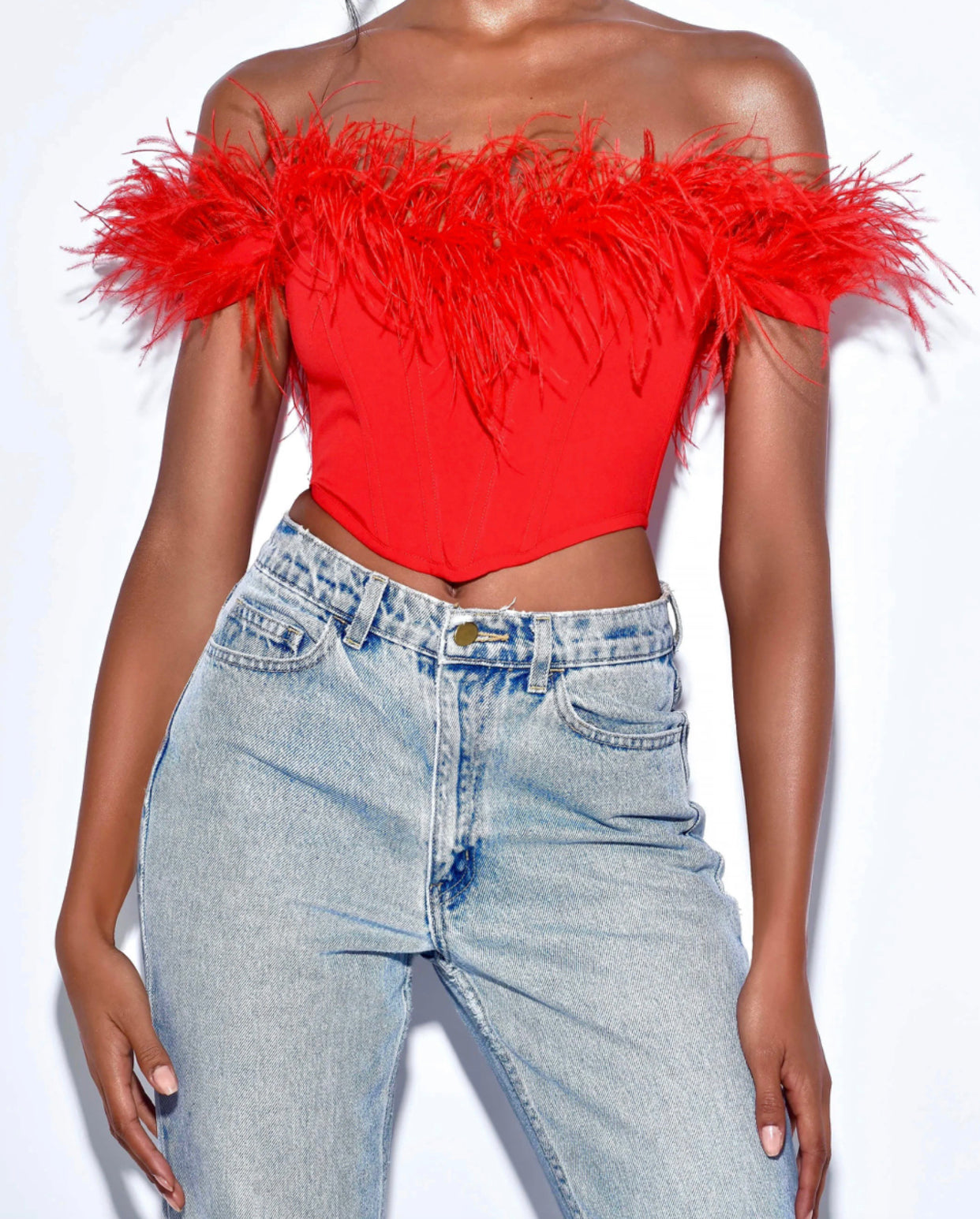 Red Feather Trim Corset Top