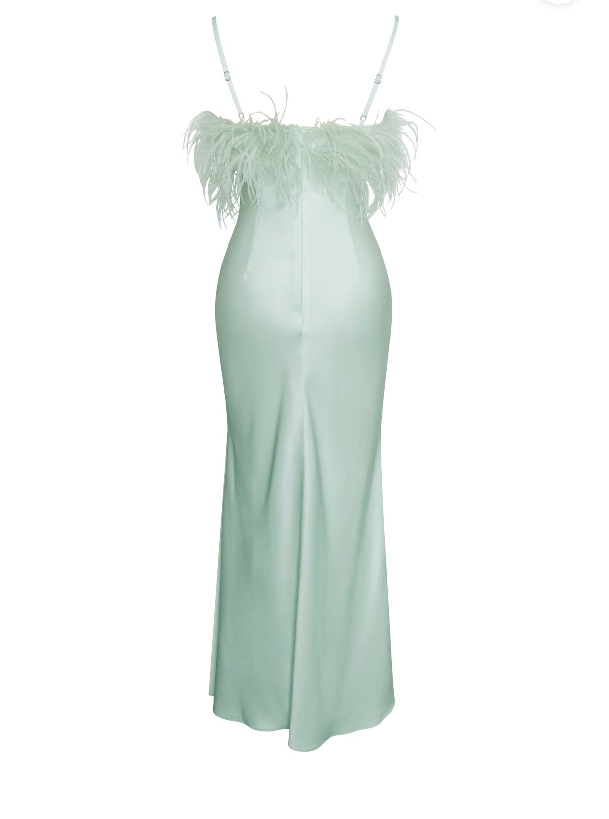 Mint Feather High Slit Satin Maxi Dress