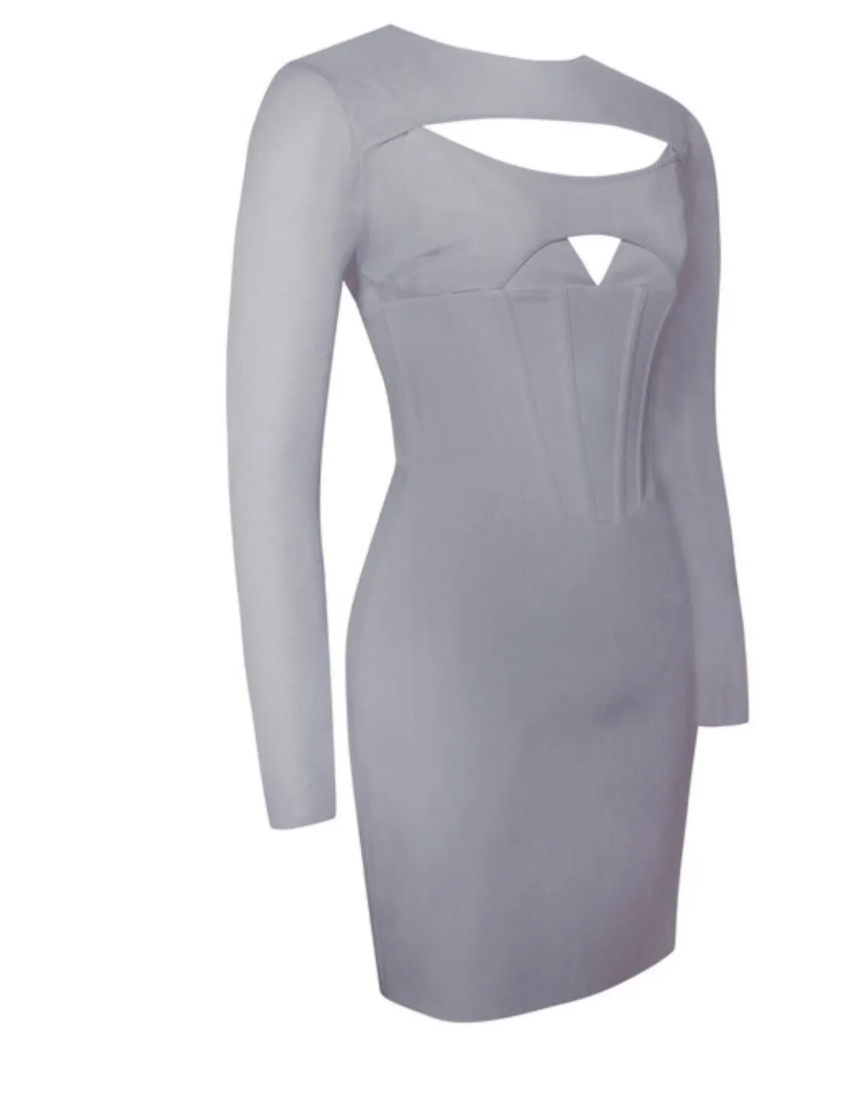 Grey Mesh Long Sleeve Corset Crepe Dress