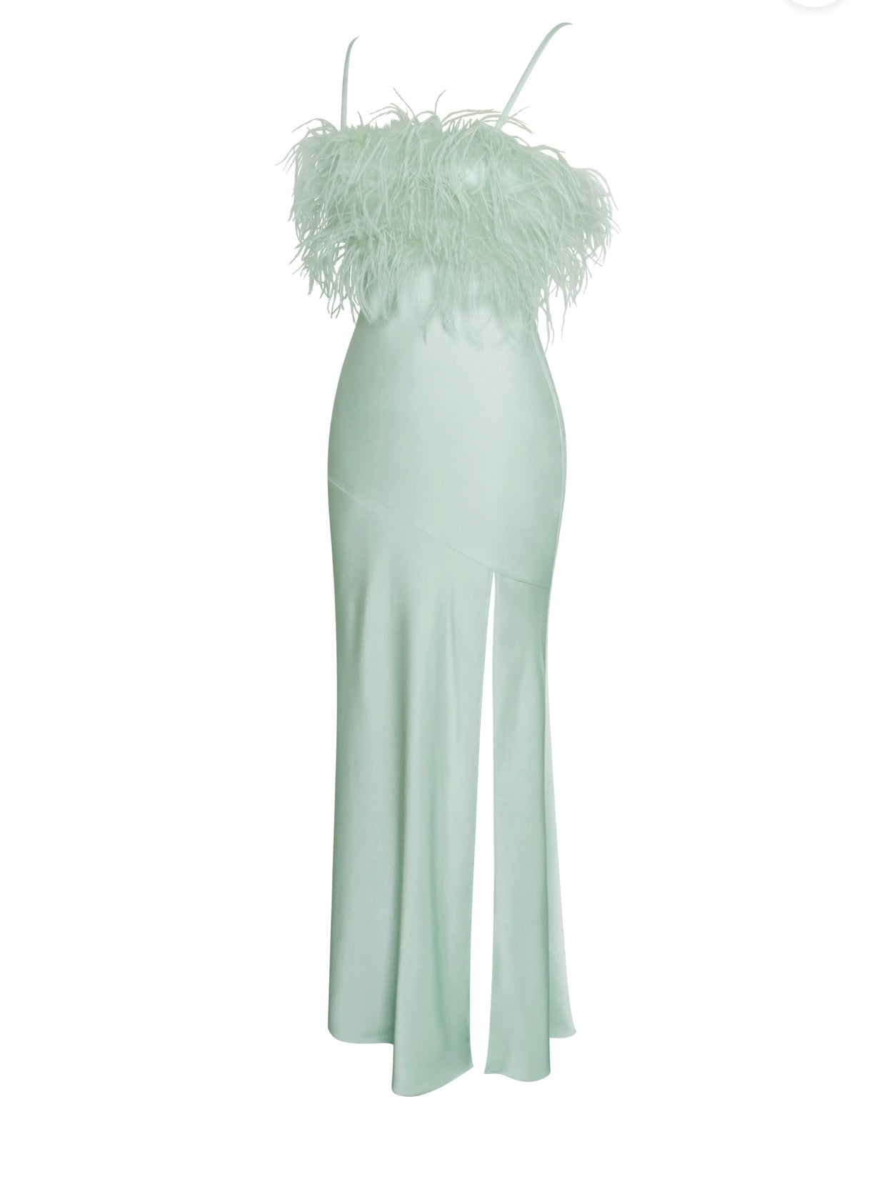 Mint Feather High Slit Satin Maxi Dress