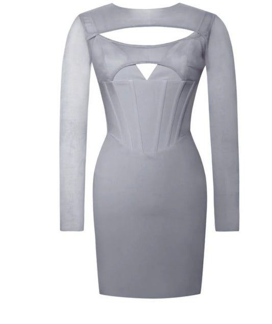 Grey Mesh Long Sleeve Corset Crepe Dress