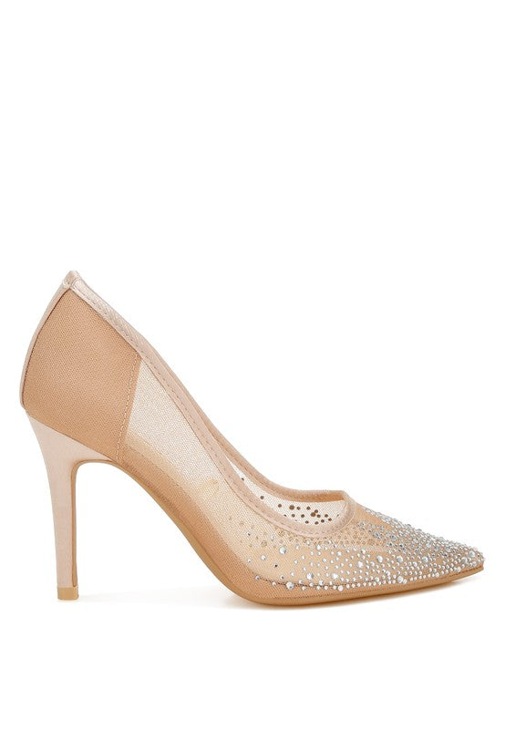 High Ball Mesh Rhinestone Stiletto Pumps