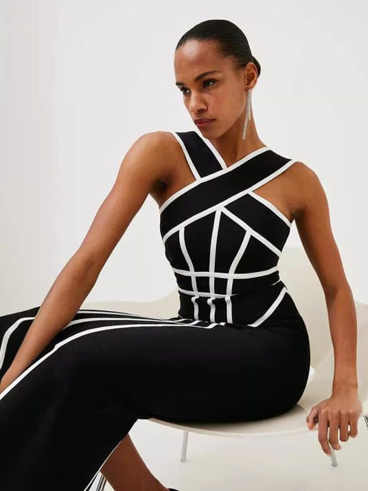 Halter Neck Contrast Black and White Geometric Bandage Long Retro Stretch Dress