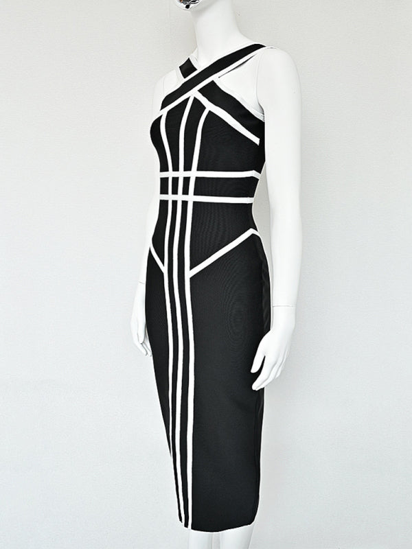 Halter Neck Contrast Black and White Geometric Bandage Long Retro Stretch Dress