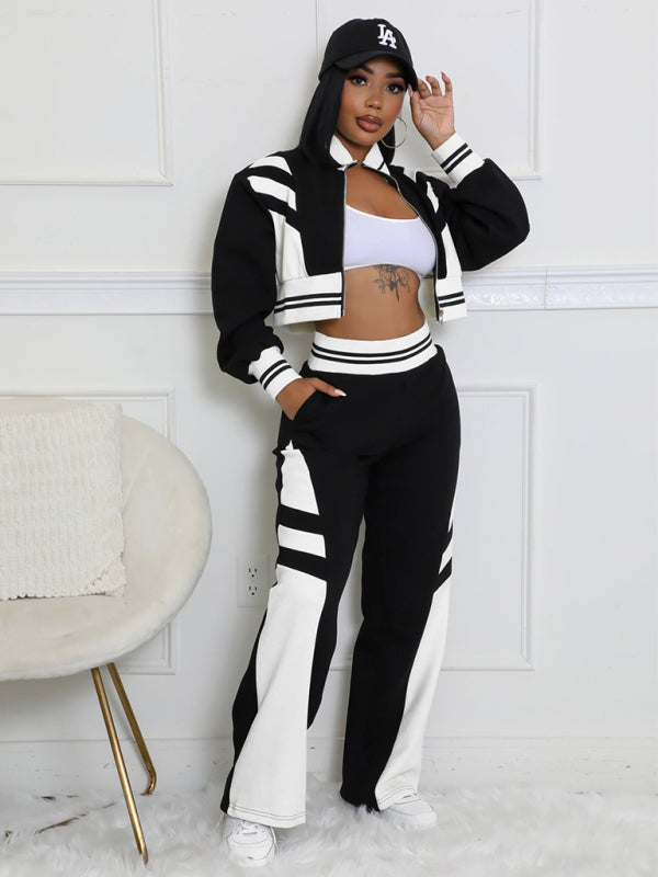 Color Block Stitching Contrast Wide Leg Flared Pants Two-Piece Set